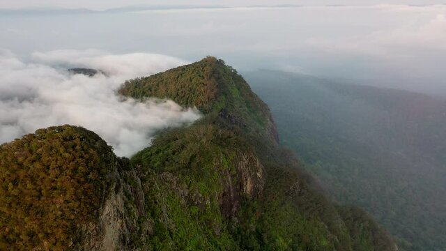 Aerial shot of famous Mount Warning by forest near forest by clouds, drone flying forward over natural landscape against sky