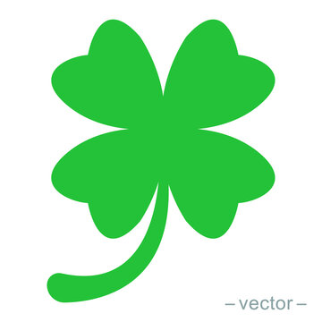 Green shamrock clover vector icon. Shamrock clover isolated, flat decorative element. Solid icon style. Logo illustration.