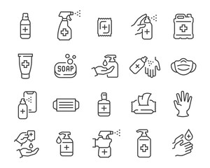 Antiseptics and Antivirus Protection Icon Set. Collection of linear simple web icons such as Anti-Virus Protection, Disposable Gloves and Masks, Soap, Wet Antibacterial Wipes, Antiseptic, Hand and