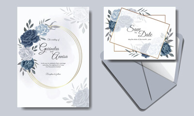  Elegant wedding invitation card template with  floral and leaves  navy blue  Premium Vector