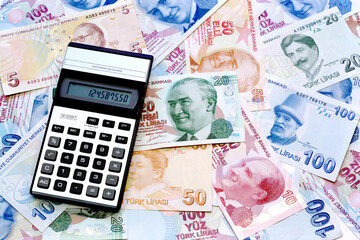 Calculator on money. Turkish Lira Banknotes