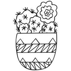 Black and white stylized Rebutia minuscula with a flower in a small pot. Cacti in the Scandinavian style. Isolated succulents for coloring page. Vector.