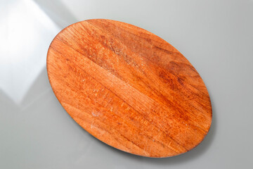 Empty wooden cutting board, food display montage background