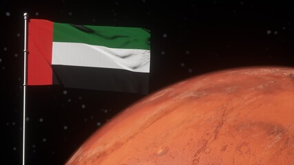 United Arab Emirates flag in mars orbit. Emirates Mars Mission concept. © Aleksandra Sova