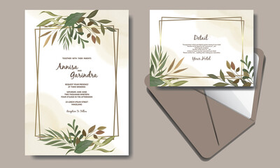 Wedding invitation card template set with tropical leaves decoration Premium Vector