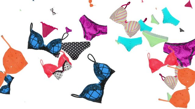 many beautiful multi-colored underpants and bras. generated, rotated, fall from top to bottom. screensaver for a store of women's underwear. Sexy, attractive. , on a white background.