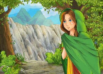 cartoon scene with mountains valley near the forest with prince and princess