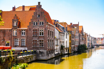 It's Colorful buildings in the historic part of Ghent, Belgium.