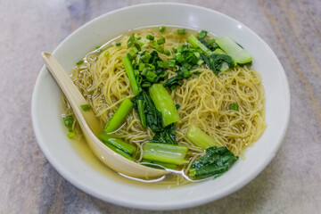 Bowl of Wan Thun Mee noodle soup in George Town, Malaysia