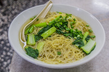 Bowl of Wan Thun Mee noodle soup in George Town, Malaysia