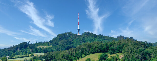 Panorama of Bantiger mountain with TV Tower on the summit, Bern, Switzerland