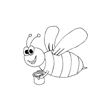 Cartoon bee flies with a wooden bucket full of honey.