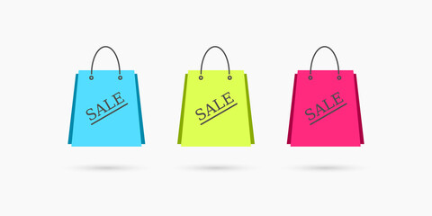Vector illustration of icon of shopping bag in different colors on a light background.