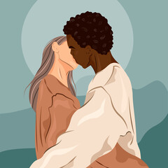 Young interracial couple holding each other and kissing. Concept for healthy 
 romantic relationship, dating, love, passion and family. Black male and white female. Flat trendy illustration.