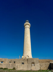 El Hank Lighthouse constructed in 1916, 50 m tall, abandoned facility.  - Casablanca, Morocco, taken in Dec 2019.