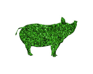 Pig green glitter isolated on white background, farmer vintage animal illustration