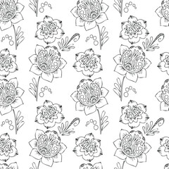 Seamless decorative flower pattern. Black and white outline drawing. Vector image.