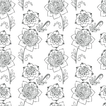 Seamless decorative flower pattern. Black and white outline drawing. Vector image.