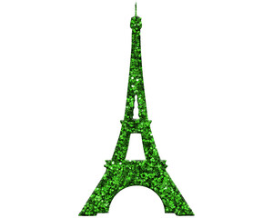 Eiffel Tower green glitter isolated on white background, France french architecture building illustration