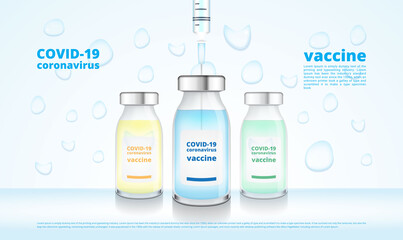 Corona virus vaccine bottle with drop and syringe vector illustration