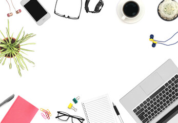 Office desk table with laptop, smart phone, cup of coffee and supplies, isolated on white background. Top view with copy space, flat lay.