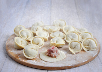 Fototapeta na wymiar Cooking homemade meat dumplings with meat. Raw dumplings on a wooden board. Close-up.