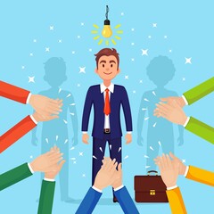 Business man with light bulb. Creative idea, innovation technology, genius solutions. Clap of the hands, applause. Good opinion, positive feedback. Congratulate with successful deal Vector flat design