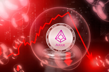 Augur REP coin in a soap bubble. Risks and dangers of investing to Augur cryptocurrency. Collapse of the exchange rate. Unstable concept. Down drop crash bubble