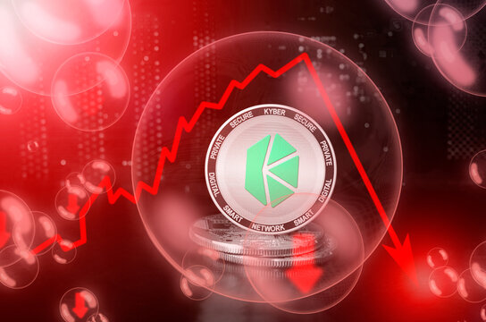 Kyber Network KNC coin in a soap bubble. Risks and dangers of investing to Kyber Network cryptocurrency. Collapse of the exchange rate. Unstable concept. Down drop crash bubble