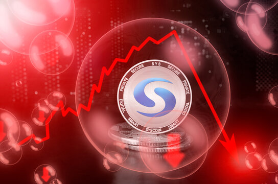 Syscoin SYS coin in a soap bubble. Risks and dangers of investing to Syscoin cryptocurrency. Collapse of the exchange rate. Unstable concept. Down drop crash bubble