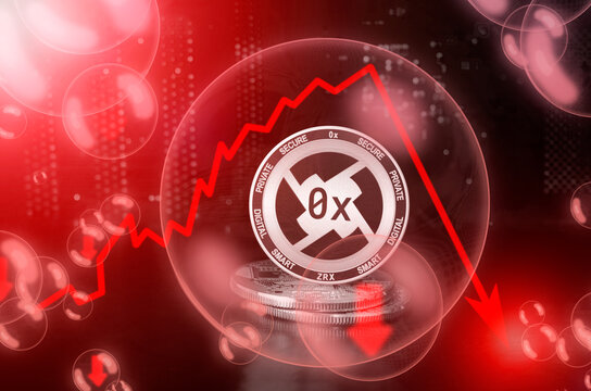 0x ZRX coin in a soap bubble. Risks and dangers of investing to 0x cryptocurrency. Collapse of the exchange rate. Unstable concept. Down drop crash bubble