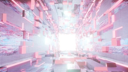 3d rendering abstract background, long reflection room And the pink light in the room
