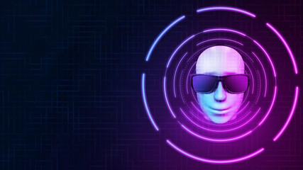 3D rendering human head with sunglasses, AI artificial intelligence concept digital technology creative background.