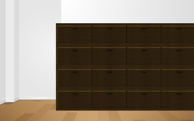 wooden file cabinet on the wooden floor in the white room	