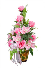Ceramic vase of beautiful pink flowers and green leaves