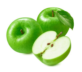 Green apples isolated on white background. Granny Smith cultivar. Package design element with clipping path