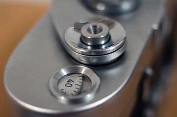 vintage Rangefinder film camera detail close up with shallow depth of field   