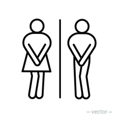 Girls and boys restroom pictograms. Funny toilet couple signing, desperate pee woman man wc icons, fun bathroom door signs, humor public washroom urgent vector line style