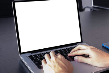 Hand typing on laptop or notebook keyboard at meeting room. isolated White Background on monitor screen.