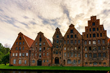 Fototapeta na wymiar Salt storehouses of the Old Part of Lubeck, a city in Schleswig-Holstein, northern Germany. UNESCO World Heritage