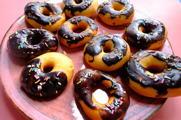 high angel view of chocolate donuts on plate