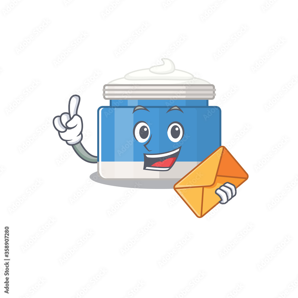 Sticker a picture of cheerful moisturizer cream cartoon design with brown envelope