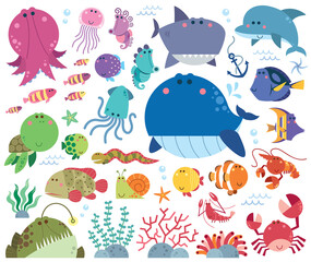 Vector Illustration of Sea animals Cartoon set. Marine life. Underwater animals.