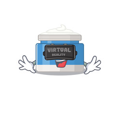 A cartoon image of moisturizer cream using modern Virtual Reality headset