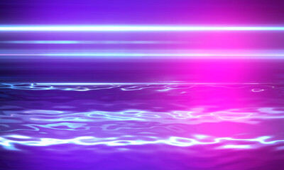 Naklejka na ściany i meble Night scene with reflection of neon light in the water. Liquid, puddles, flooding. Rays and lines in neon. Modern abstraction, night view. 3D illustration