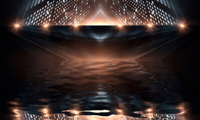 Night scene with reflection of neon light in the water. Liquid, puddles, flooding. Rays and lines in neon. Modern abstraction, night view. 3D illustration