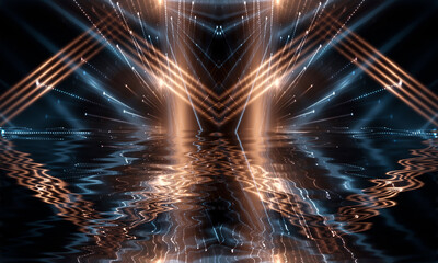 Night scene with reflection of neon light in the water. Liquid, puddles, flooding. Rays and lines in neon. Modern abstraction, night view. 3D illustration