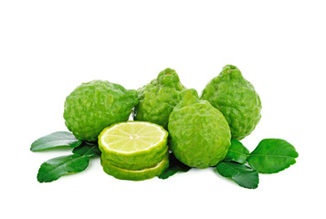 Fresh bergamot fruit with leaf isolated on white background