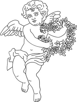 minimalist line art of a child angel cherub with wings carrying a wreath