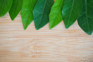 green leaves on wooden background. Blank for advertising card or invitation.